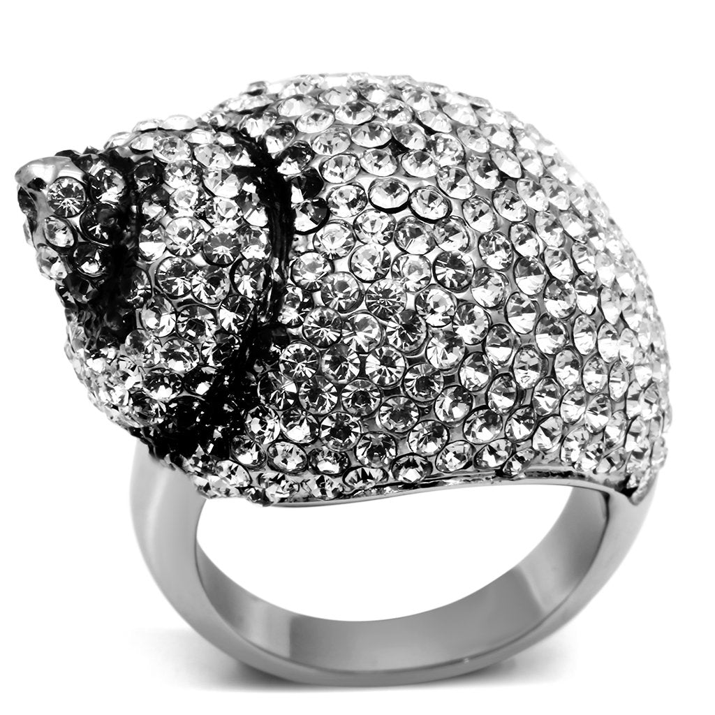 JCE661 High polished (no plating) Stainless Steel Ring with Top Grade Crystal in Clear