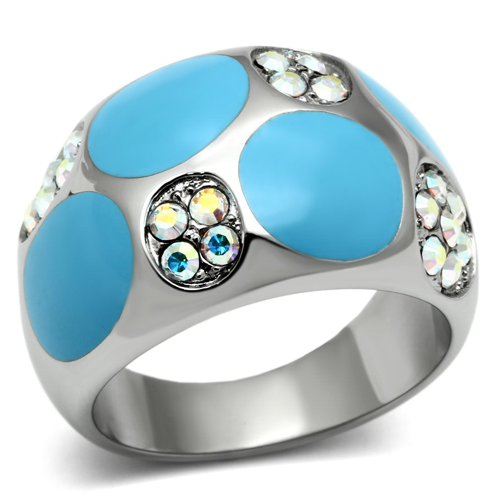 JCE687 High polished (no plating) Stainless Steel Ring with Top Grade Crystal in Aurora Borealis (Rainbow Effect)