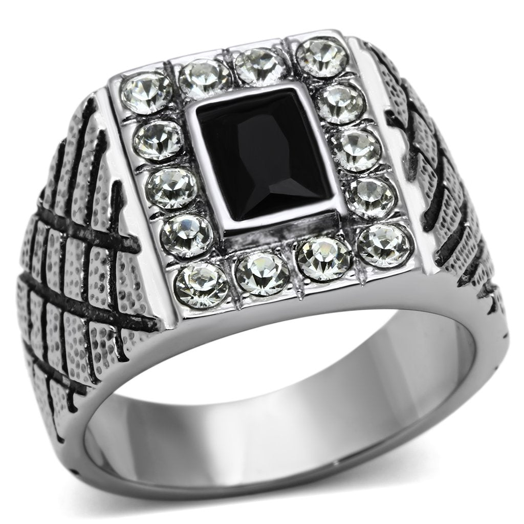 JCE700 High polished (no plating) Stainless Steel Ring with Synthetic Synthetic Glass in Jet