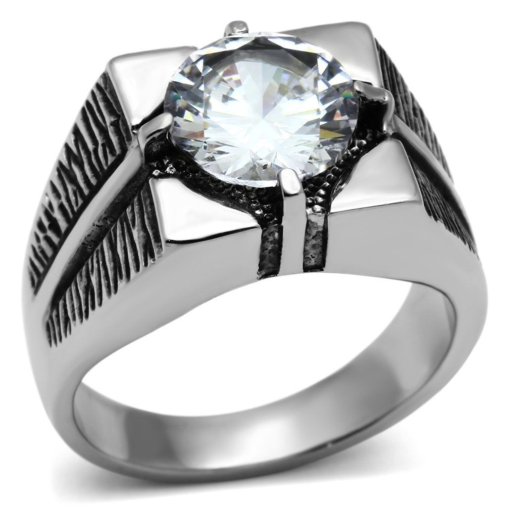 JCE701 High polished (no plating) Stainless Steel Ring with AAA Grade CZ in Clear