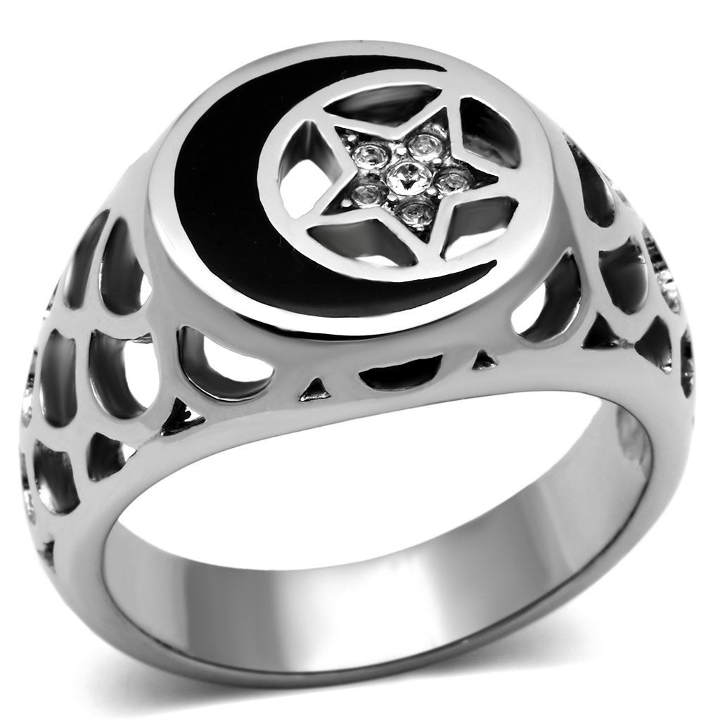 JCE706 High polished (no plating) Stainless Steel Ring with Top Grade Crystal in Clear