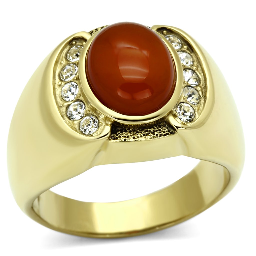 JCE729 IP Gold(Ion Plating) Stainless Steel Ring with Semi-Precious Agate in Siam