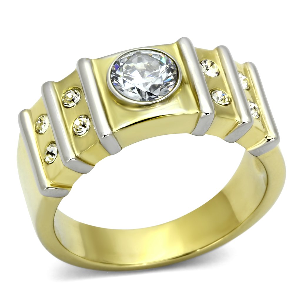 JCE797 Two-Tone IP Gold (Ion Plating) Stainless Steel Ring with AAA Grade CZ  in Clear