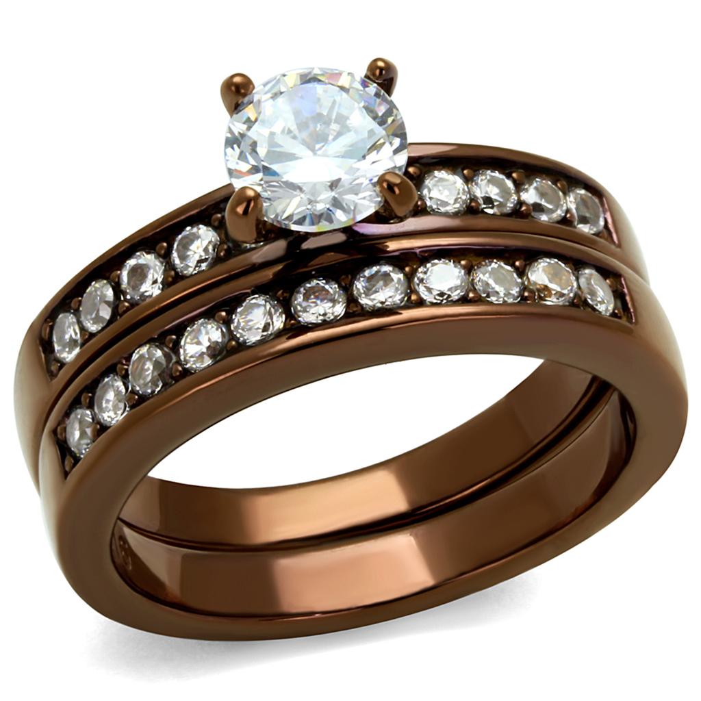 JCE8X003LC IP Coffee light Stainless Steel Ring with AAA Grade CZ in Clear