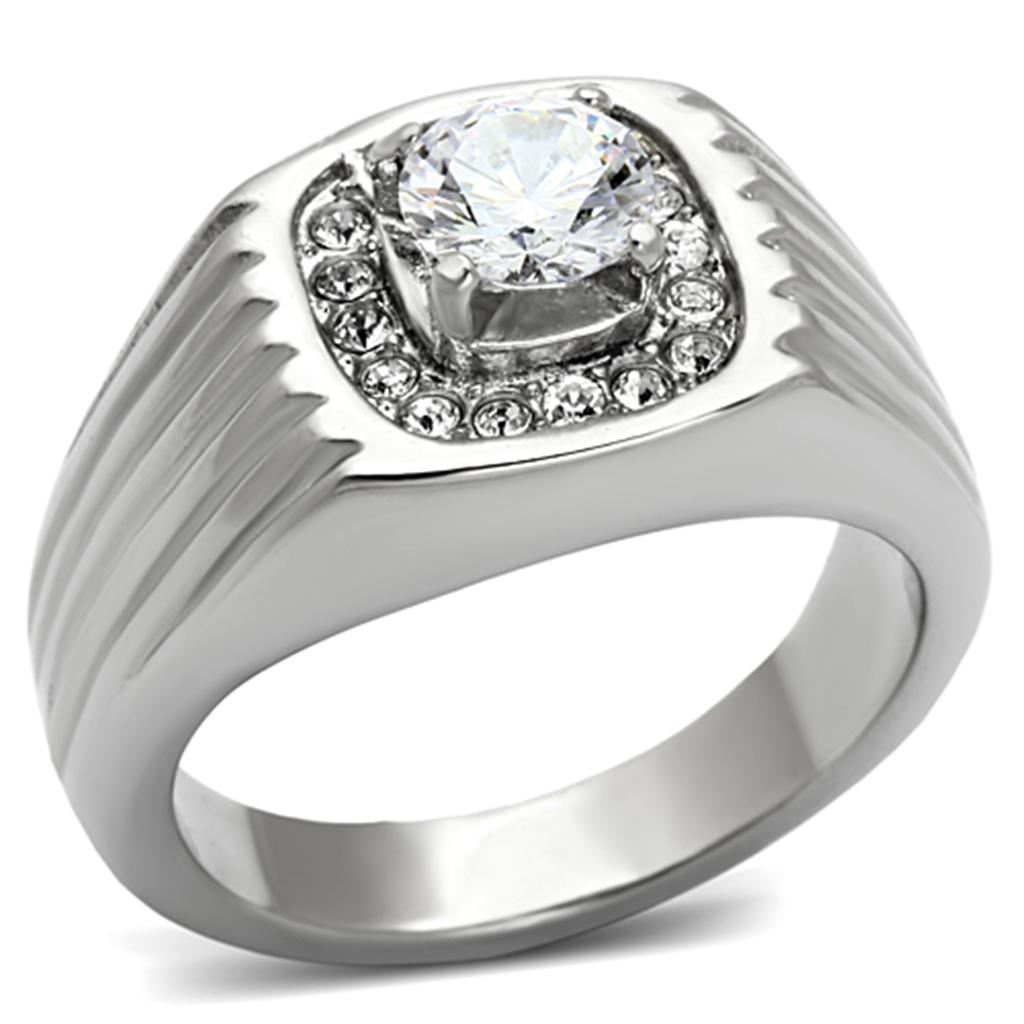 JCE943 High polished (no plating) Stainless Steel Ring with AAA Grade CZ  in Clear