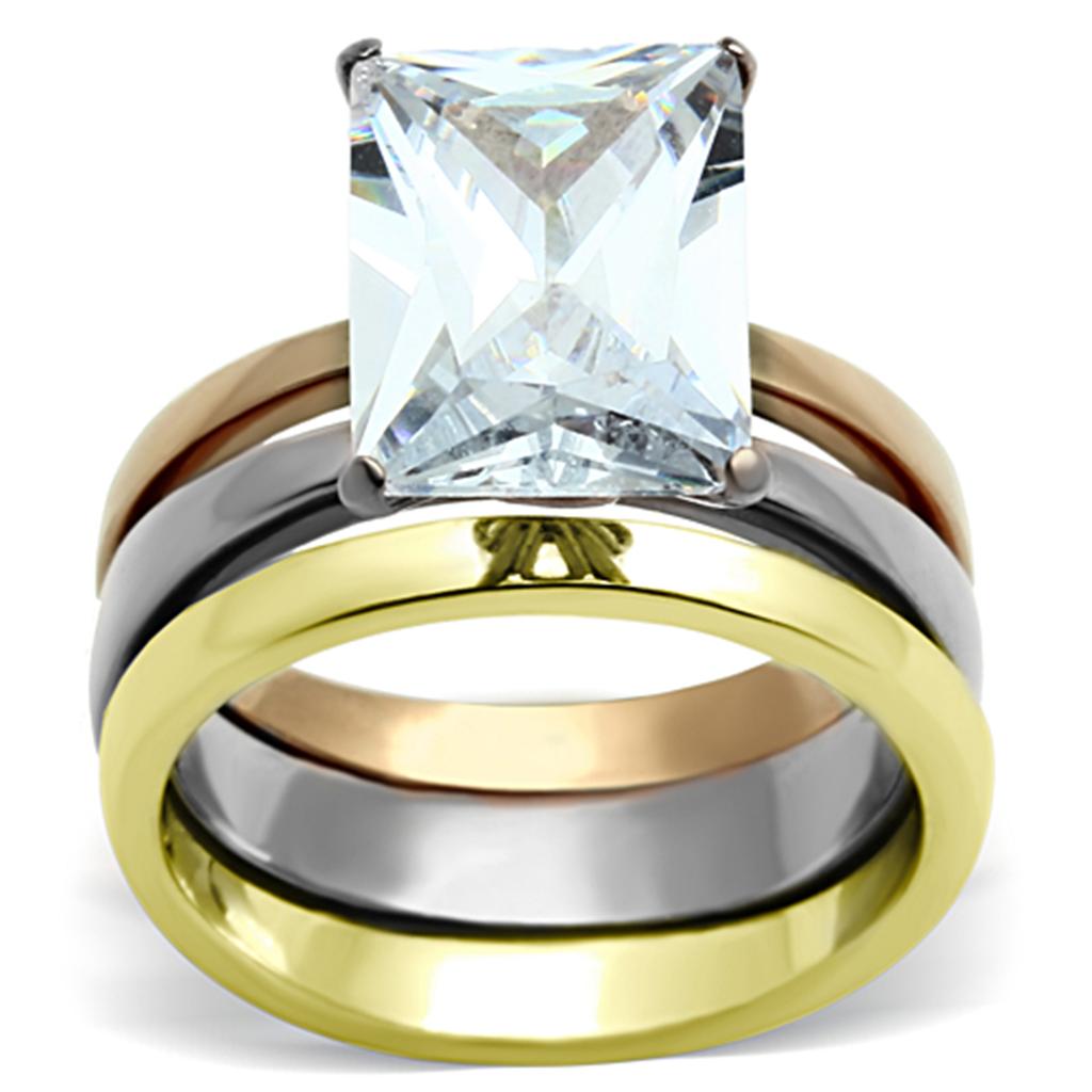 JCE962 Three Tone IP+»-+-åIP Gold & IP Rose Gold & High Polished) Stainless Steel Ring with AAA Grade CZ in Clear