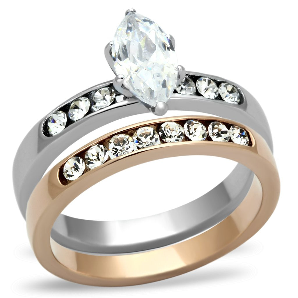 JCE965 Two-Tone IP Rose Gold Stainless Steel Ring with AAA Grade CZ in Clear