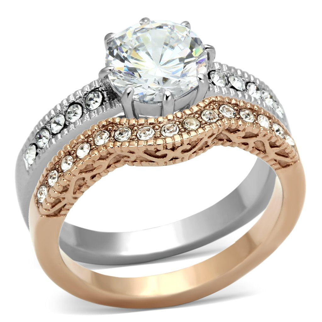 JCE966 Two-Tone IP Rose Gold Stainless Steel Ring with AAA Grade CZ in Clear