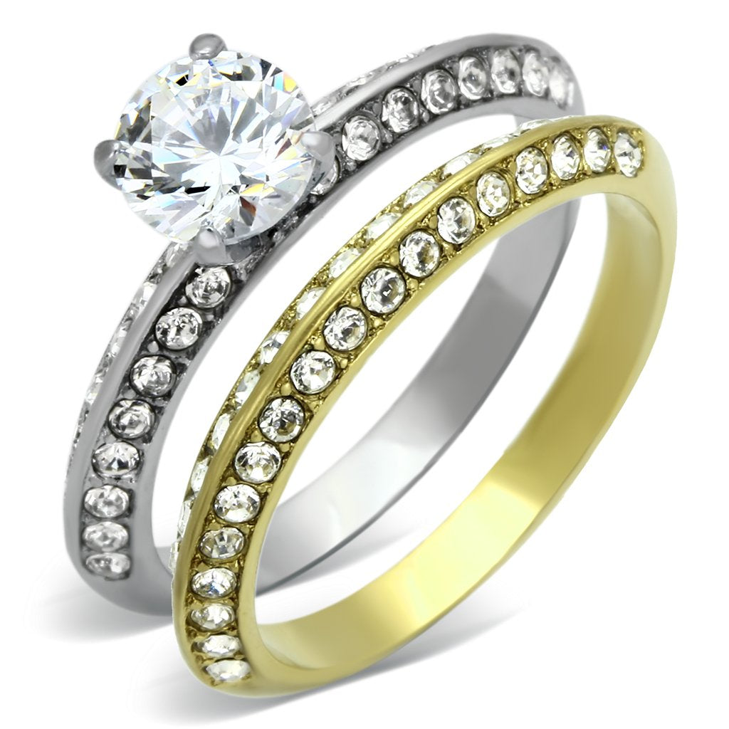 JCE967 Two-Tone IP Gold (Ion Plating) Stainless Steel Ring with AAA Grade CZ in Clear