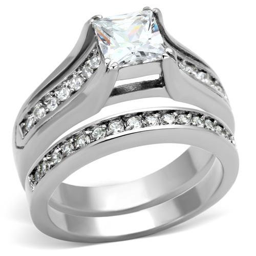 JCE969 High polished (no plating) Stainless Steel Ring with AAA Grade CZ in Clear