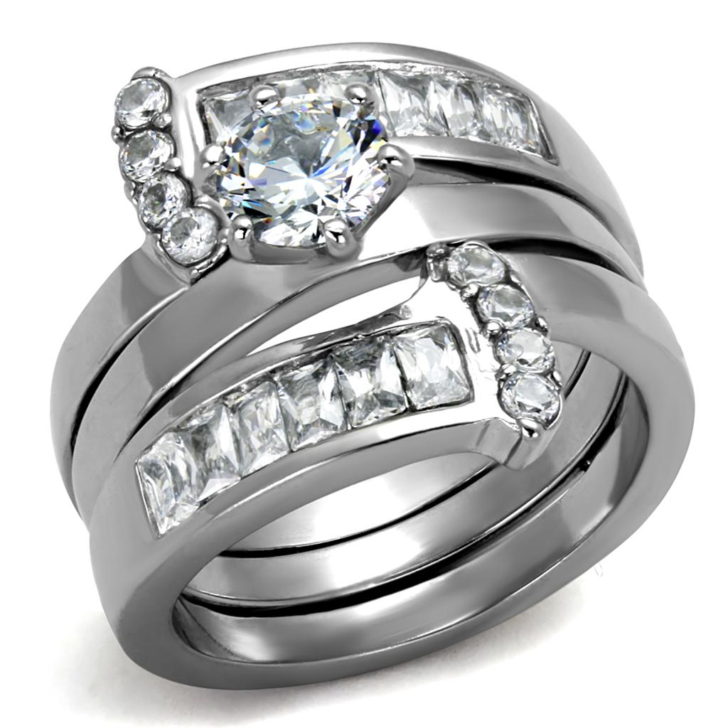 JCE976 High polished (no plating) Stainless Steel Ring with AAA Grade CZ  in Clear