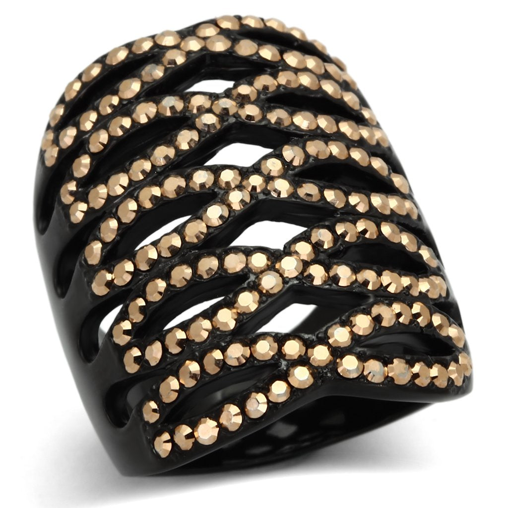 JCE979 IP Black(Ion Plating) Stainless Steel Ring with Top Grade Crystal  in Metallic Light Gold