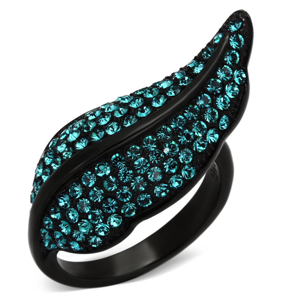 JCE985 IP Black(Ion Plating) Stainless Steel Ring with Top Grade Crystal in Blue Zircon