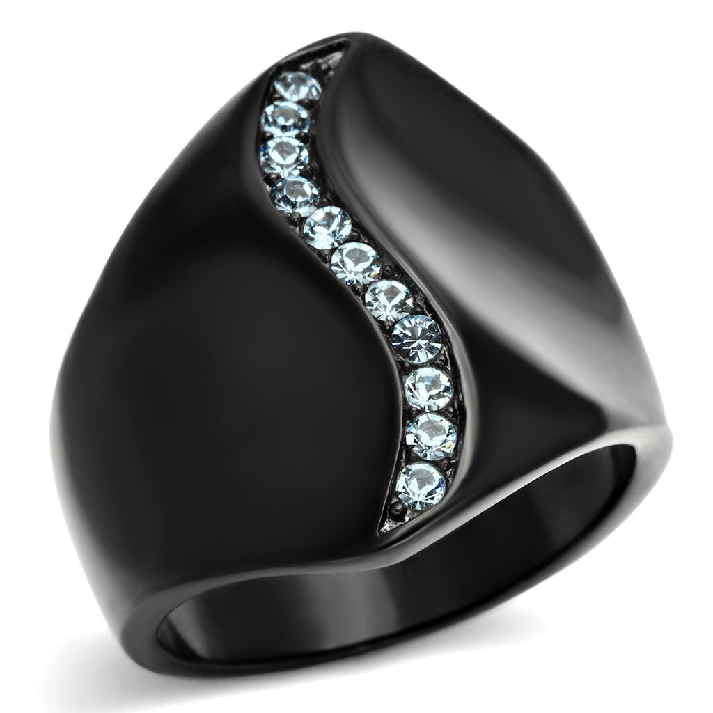 JCE991 IP Black(Ion Plating) Stainless Steel Ring with Top Grade Crystal in Sea Blue