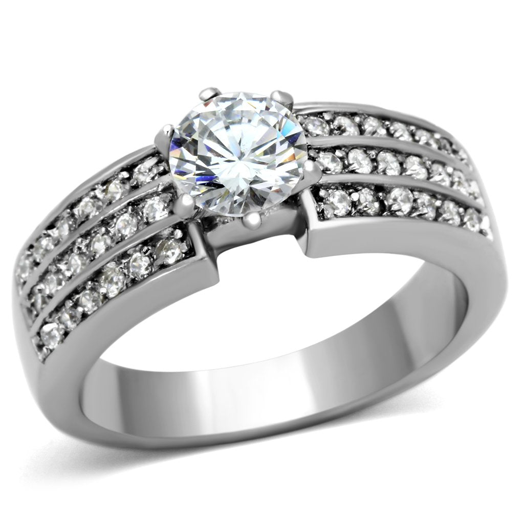 JCE997 High polished (no plating) Stainless Steel Ring with AAA Grade CZ in Clear