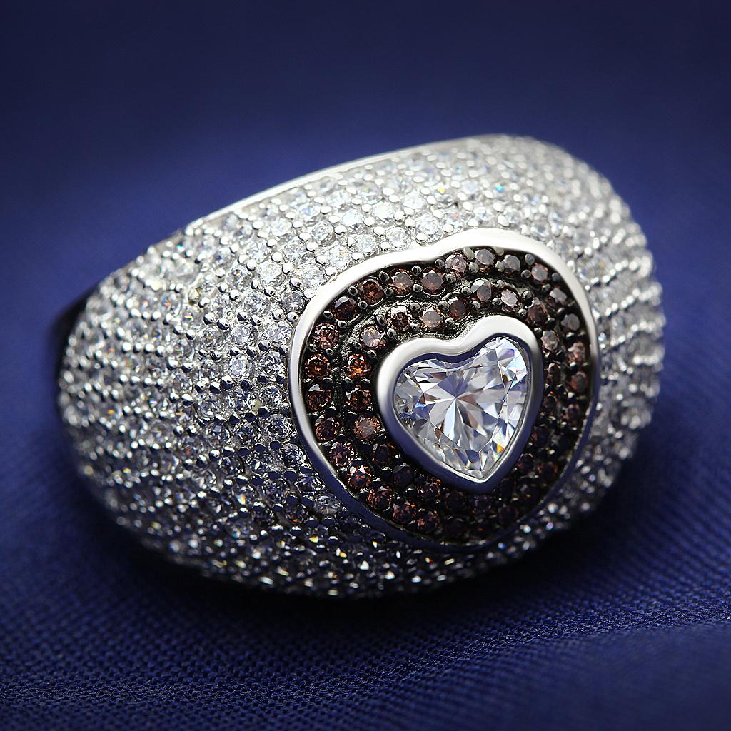 JCE022 Rhodium + Ruthenium 925 Sterling Silver Ring with AAA Grade CZ in Brown