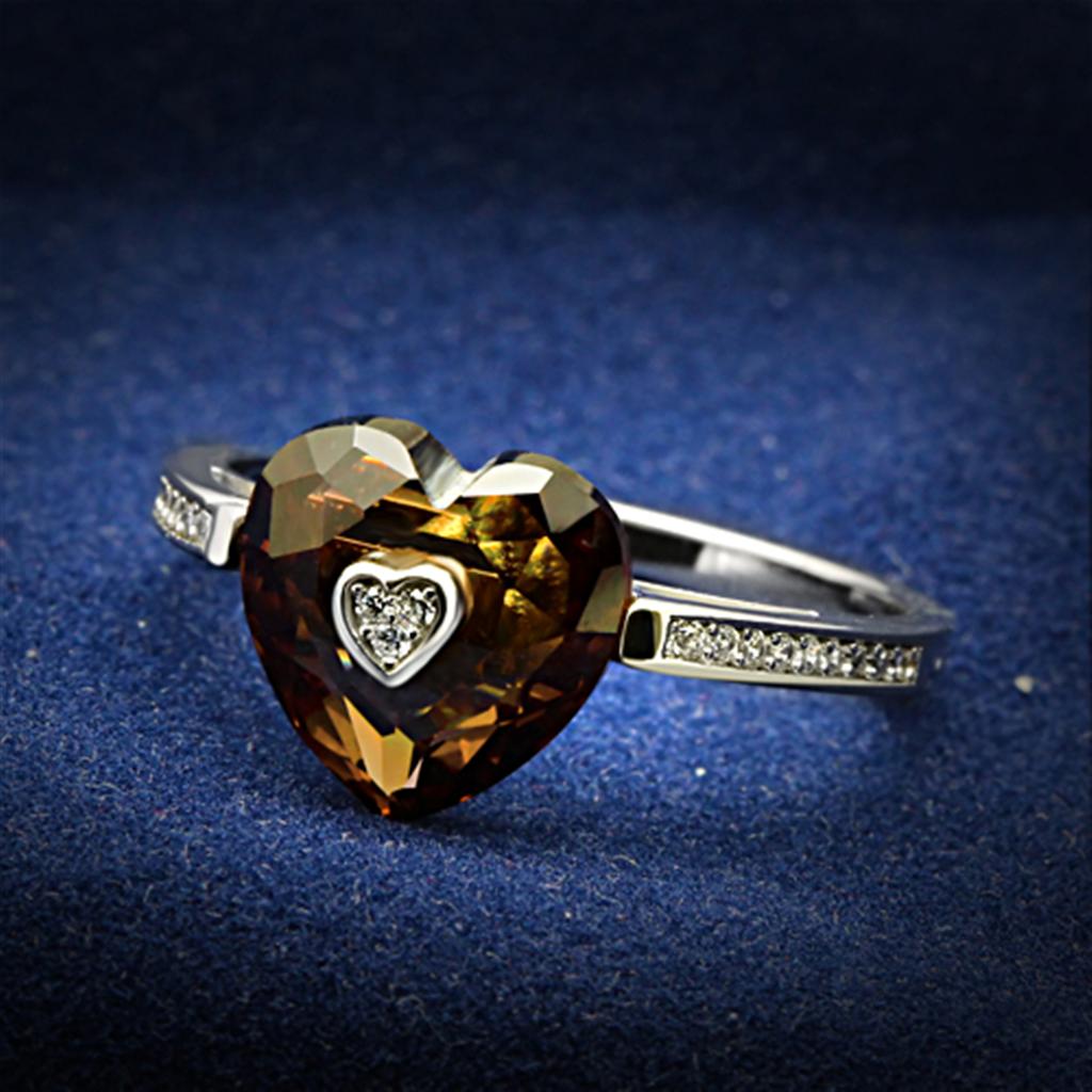 JCE051 Rhodium 925 Sterling Silver Ring with AAA Grade CZ in Brown