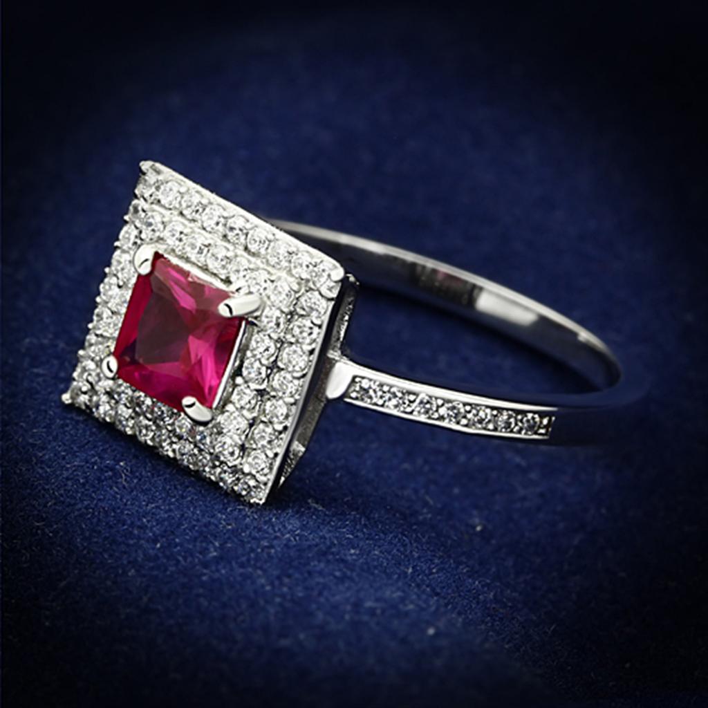 JCE102 Rhodium 925 Sterling Silver Ring with Synthetic Corundum in Ruby