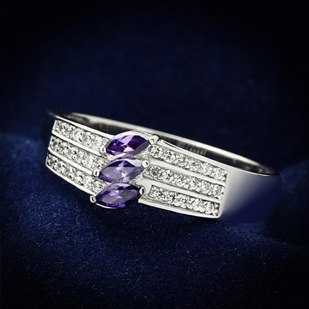 JCE104 Rhodium 925 Sterling Silver Ring with AAA Grade CZ in Amethyst