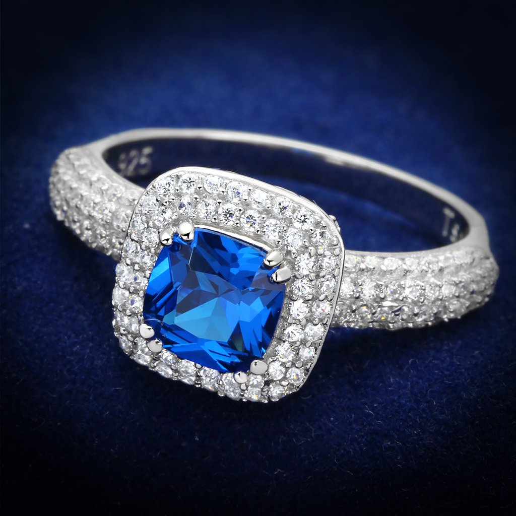 JCE137 Rhodium 925 Sterling Silver Ring with Synthetic Spinel in London Blue