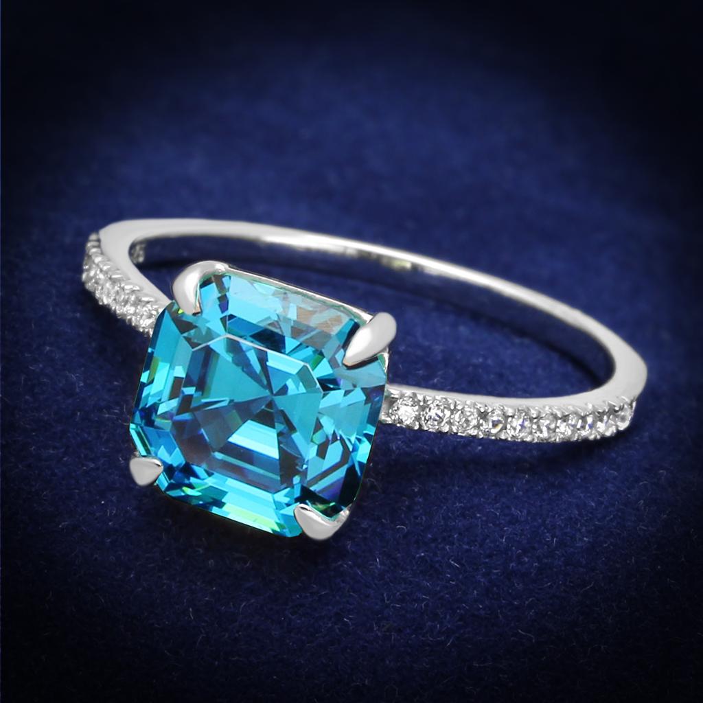 JCE178 Rhodium 925 Sterling Silver Ring with Cubic in Sea Blue