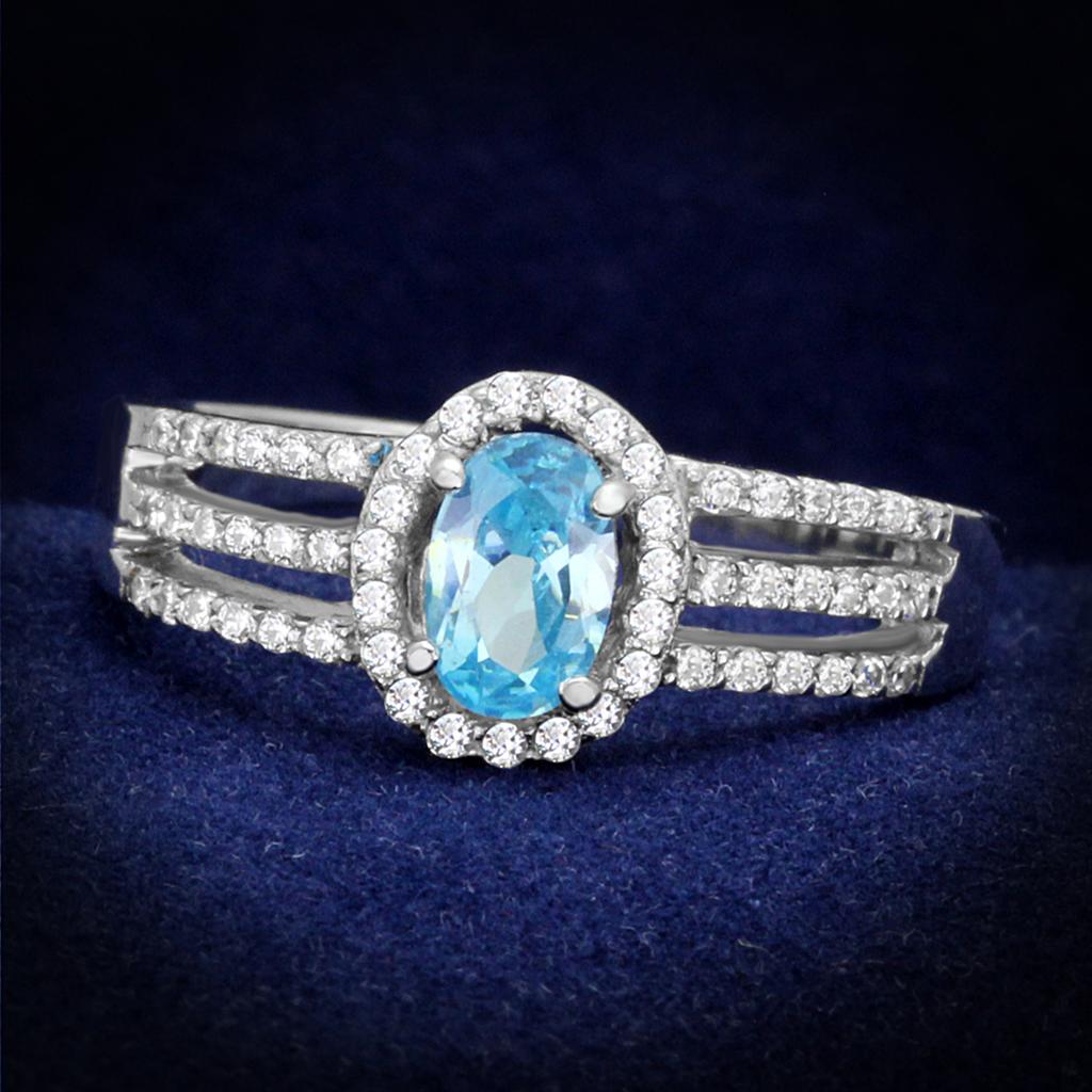 JCE184 Rhodium 925 Sterling Silver Ring with AAA Grade CZ  in Sea Blue