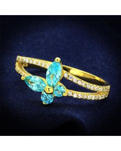 JCE249 Gold 925 Sterling Silver Ring with AAA Grade CZ in Sea Blue