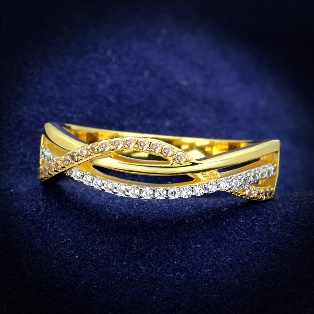 JCE252 Gold+Rhodium 925 Sterling Silver Ring with AAA Grade CZ in Champagne
