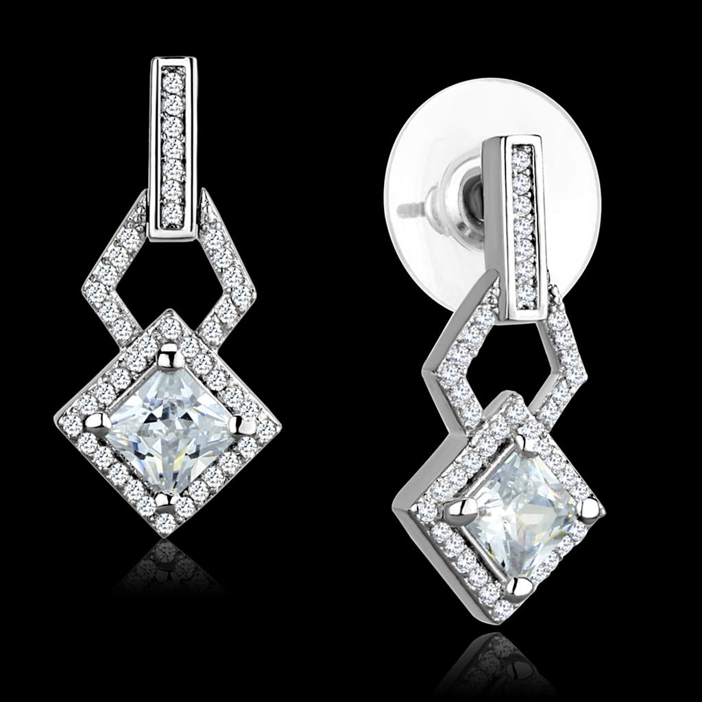 JCE291 Rhodium 925 Sterling Silver Earrings with AAA Grade CZ in Clear