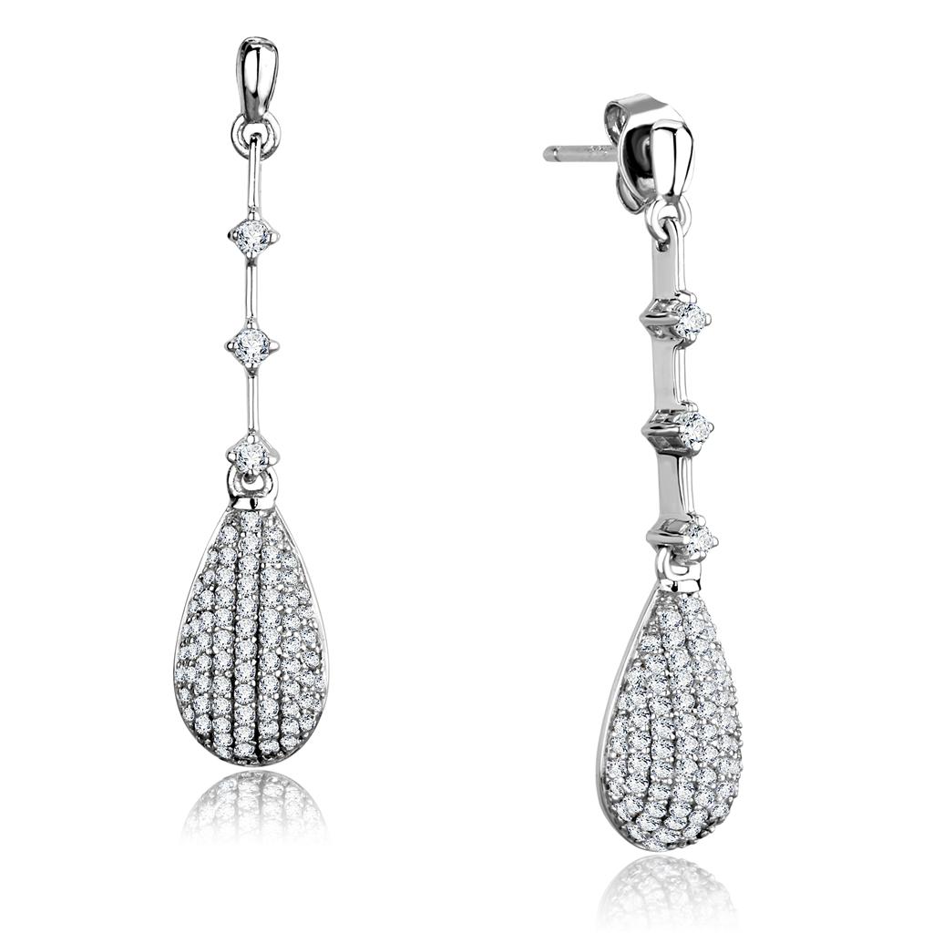 JCE292 Rhodium 925 Sterling Silver Earrings with AAA Grade CZ in Clear