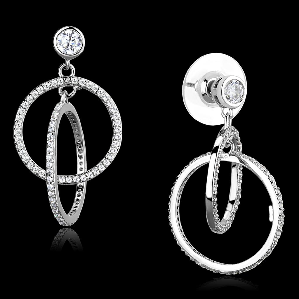 JCE294 Rhodium 925 Sterling Silver Earrings with AAA Grade CZ in Clear