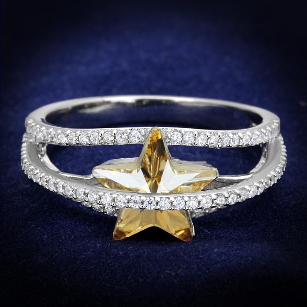 JCE315 Rhodium 925 Sterling Silver Ring with Top Grade Crystal in Citrine Yellow
