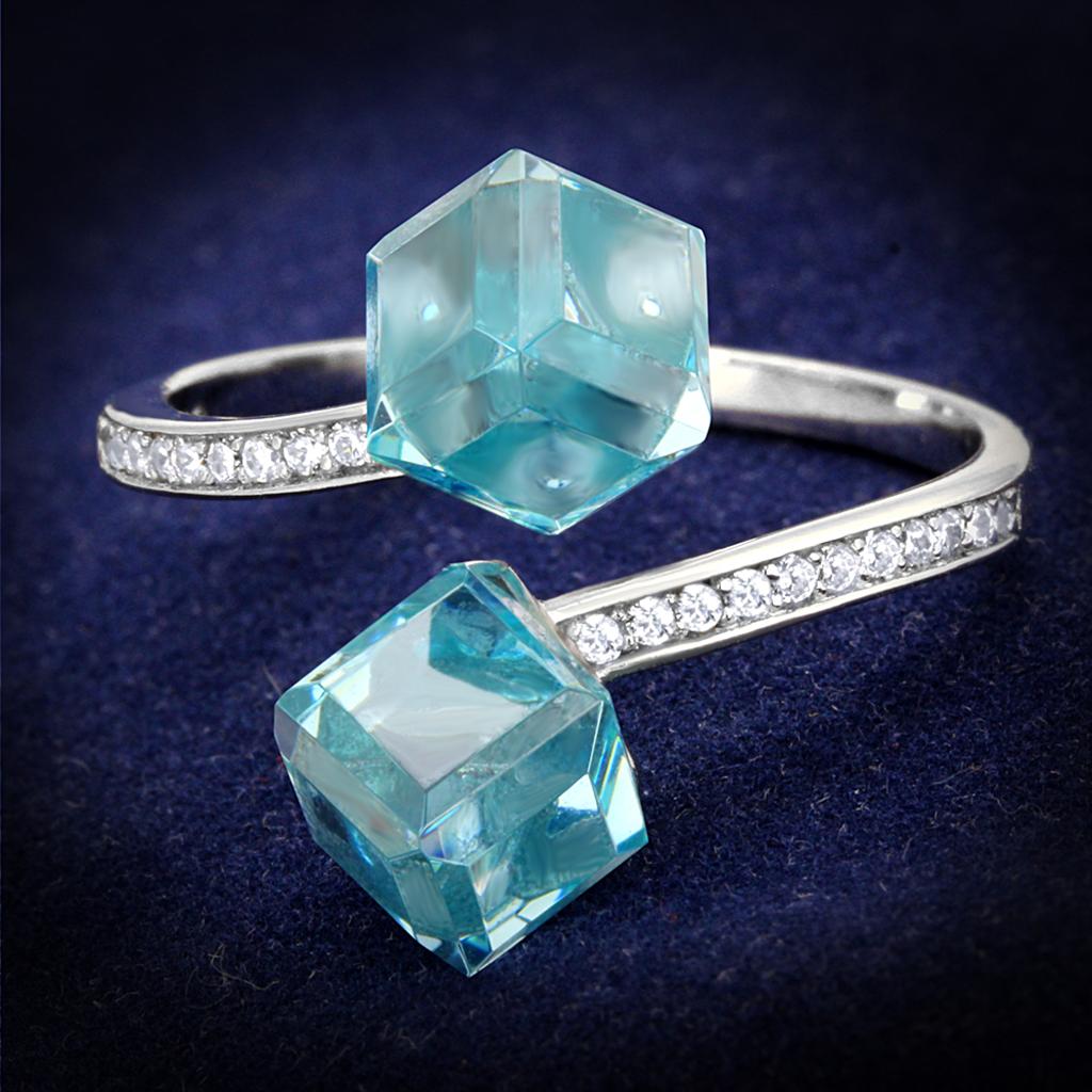 JCE317 Rhodium 925 Sterling Silver Ring with AAA Grade CZ in Sea Blue