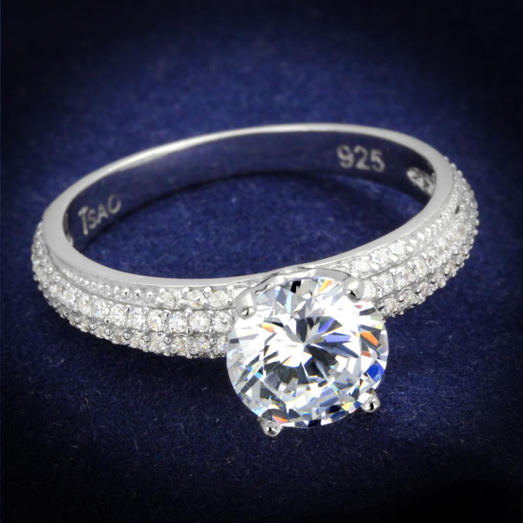 JCE338 Rhodium 925 Sterling Silver Ring with AAA Grade CZ in Clear