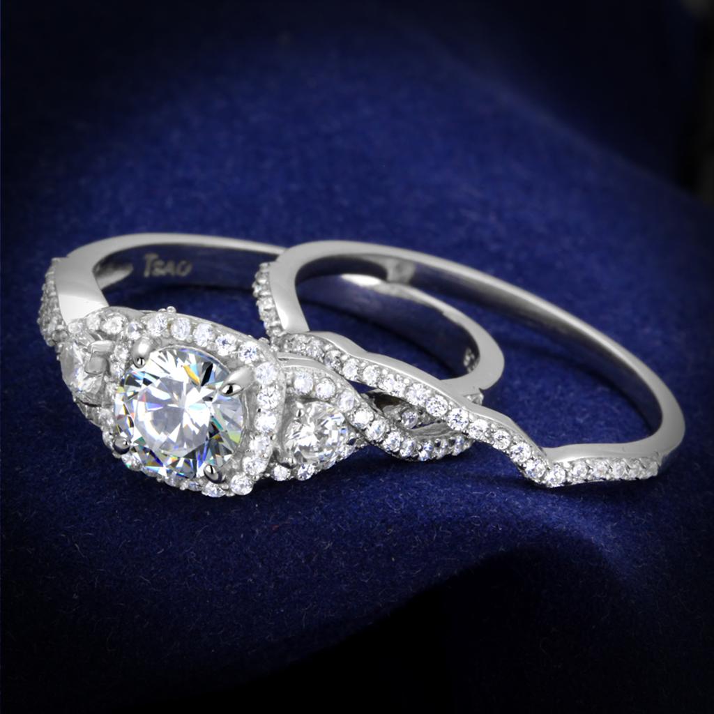 JCE352 Rhodium 925 Sterling Silver Ring with AAA Grade CZ in Clear