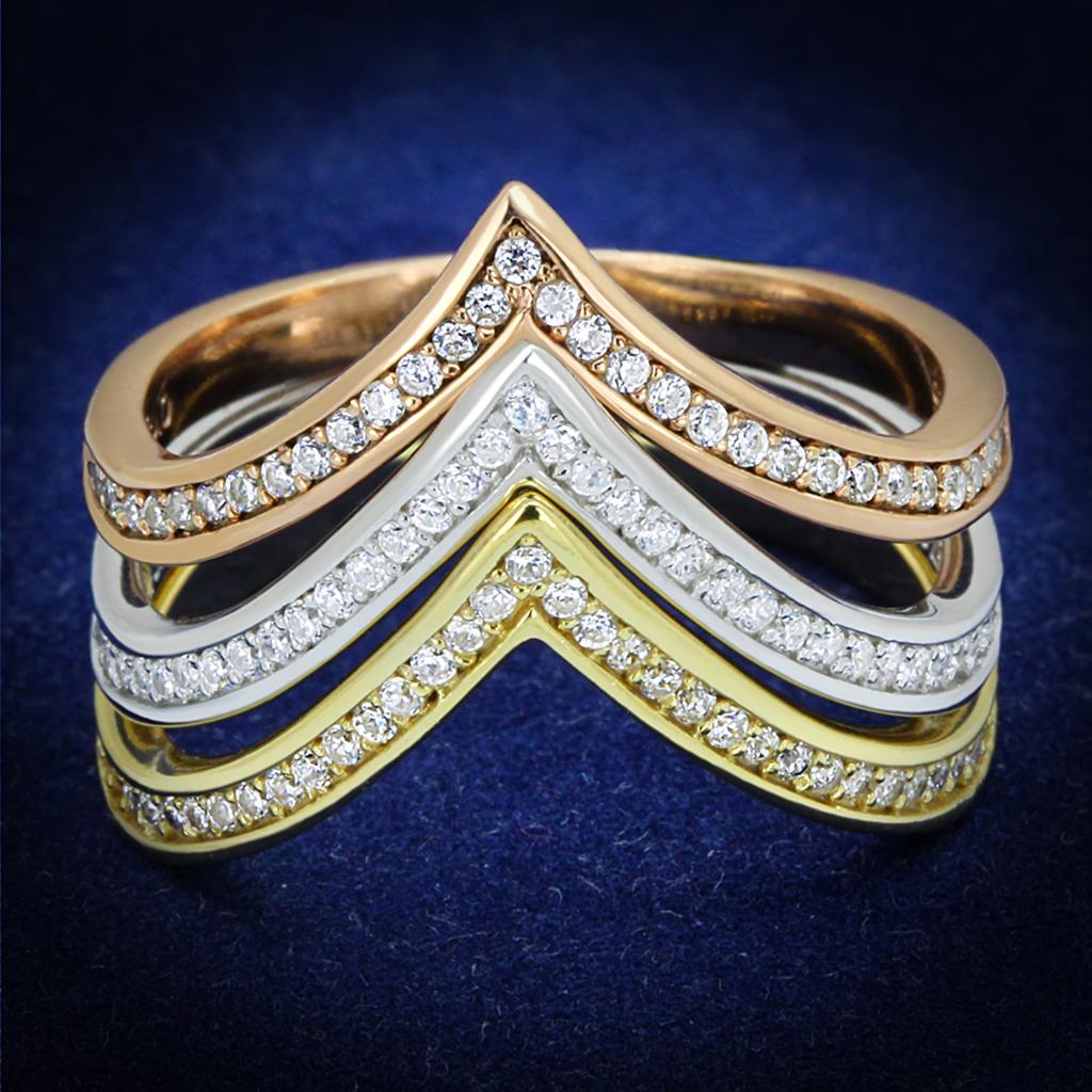 JCE416 Rhodium + Gold + Rose Gold 925 Sterling Silver Ring with AAA Grade CZ in Clear