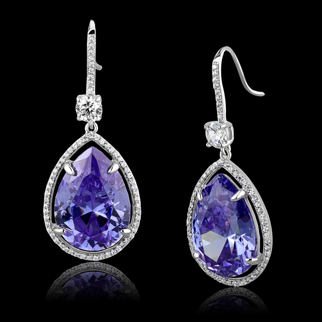 JCE477 Rhodium 925 Sterling Silver Earrings with AAA Grade CZ in Light Amethyst