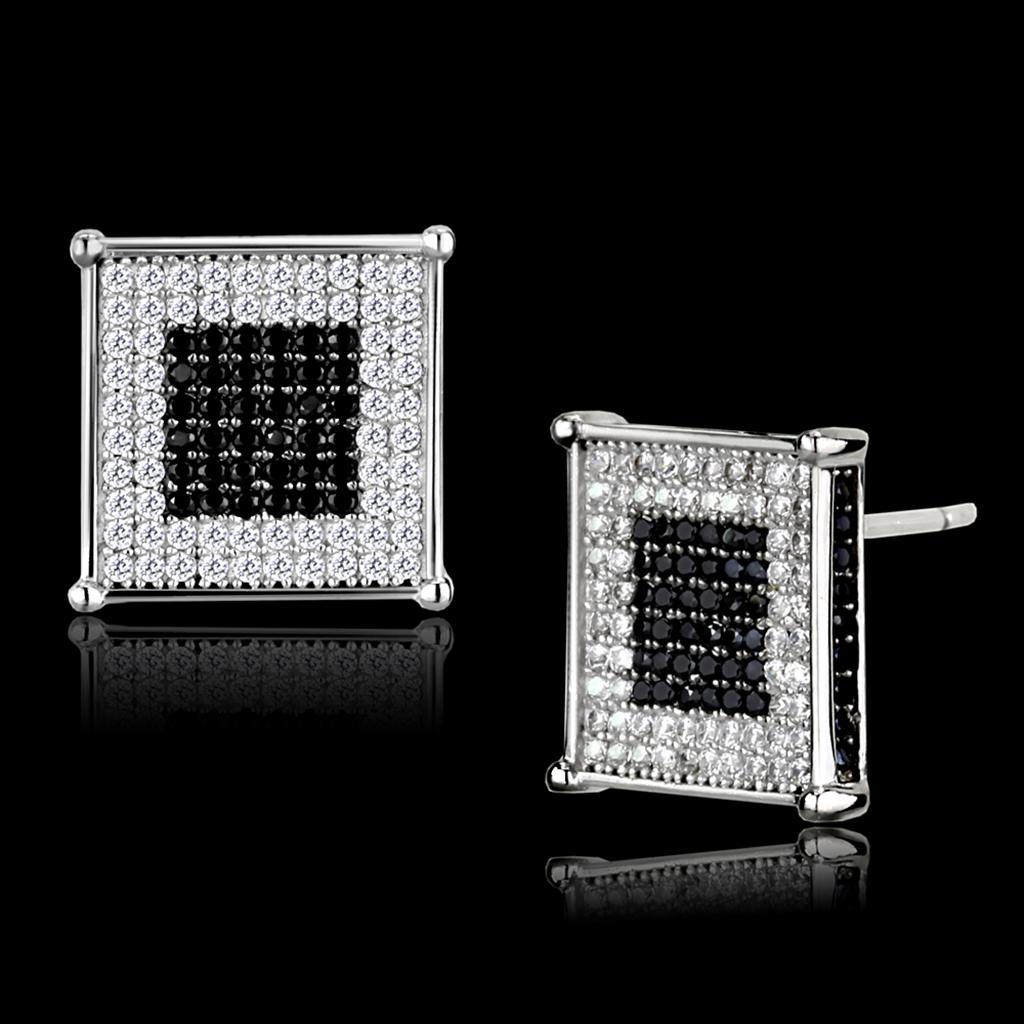 JCE481 Rhodium + Ruthenium 925 Sterling Silver Earrings with AAA Grade CZ in Black Diamond