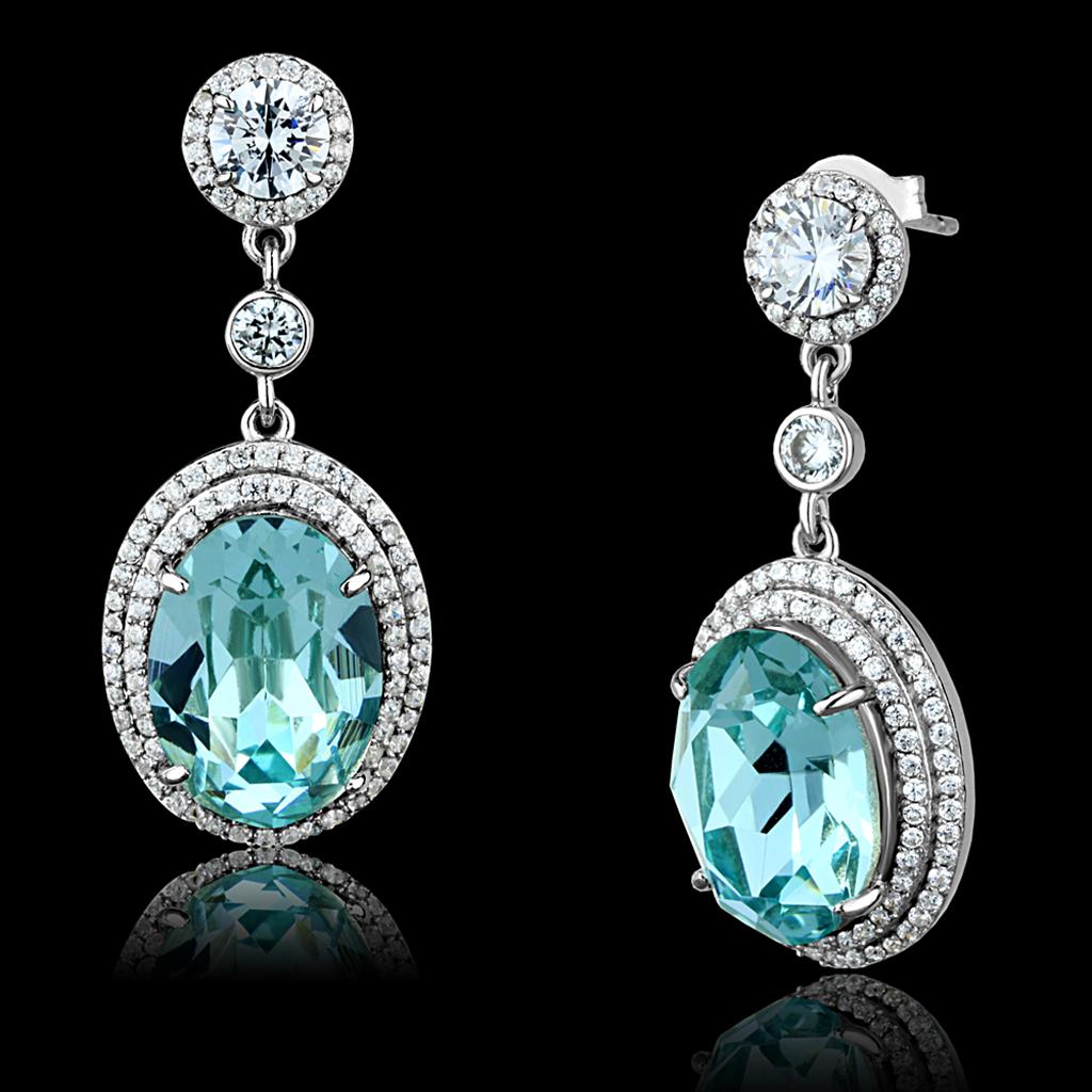 JCE508 Rhodium 925 Sterling Silver Earrings with Top Grade Crystal in Sea Blue