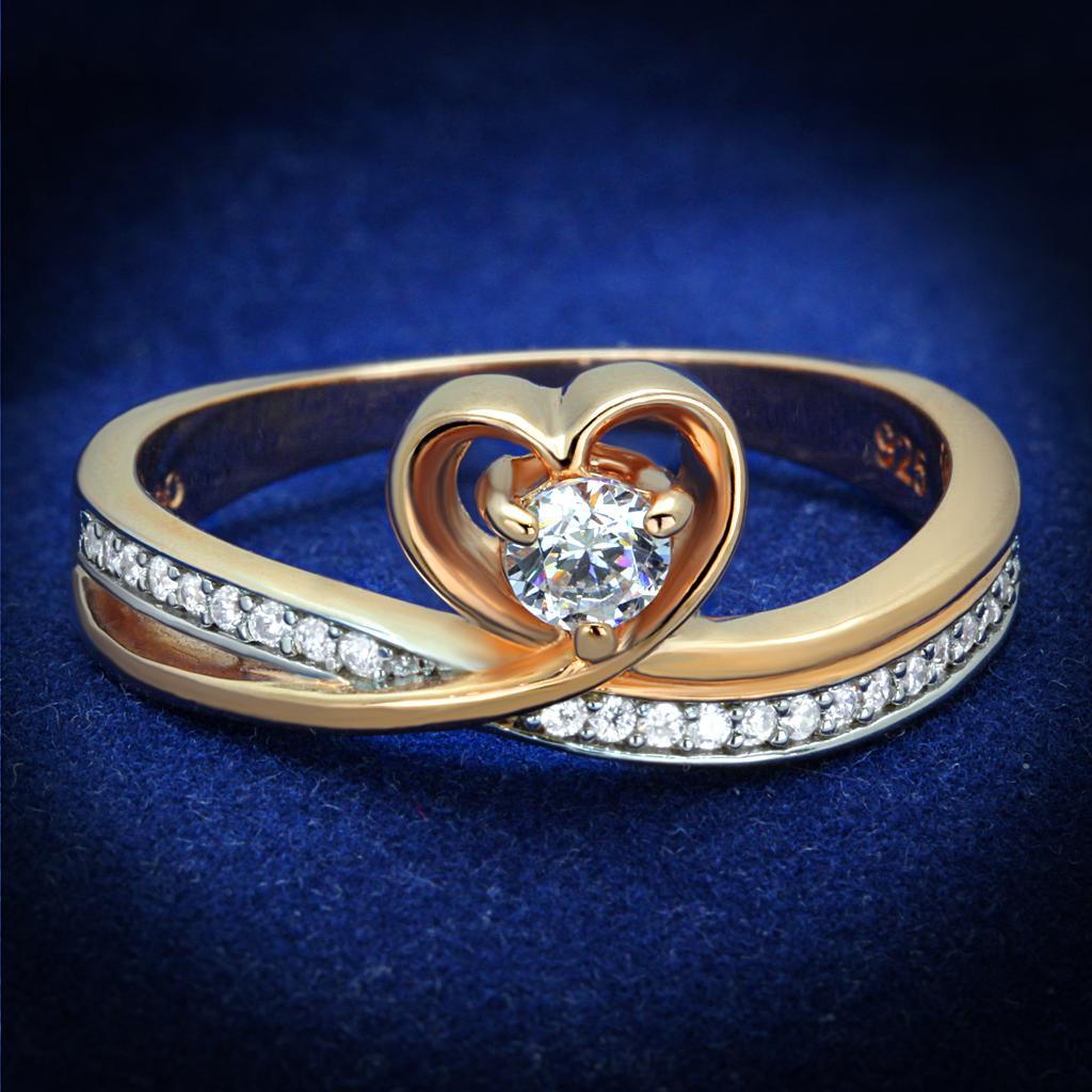 JCE544 Rose Gold + Rhodium 925 Sterling Silver Ring with AAA Grade CZ in Clear