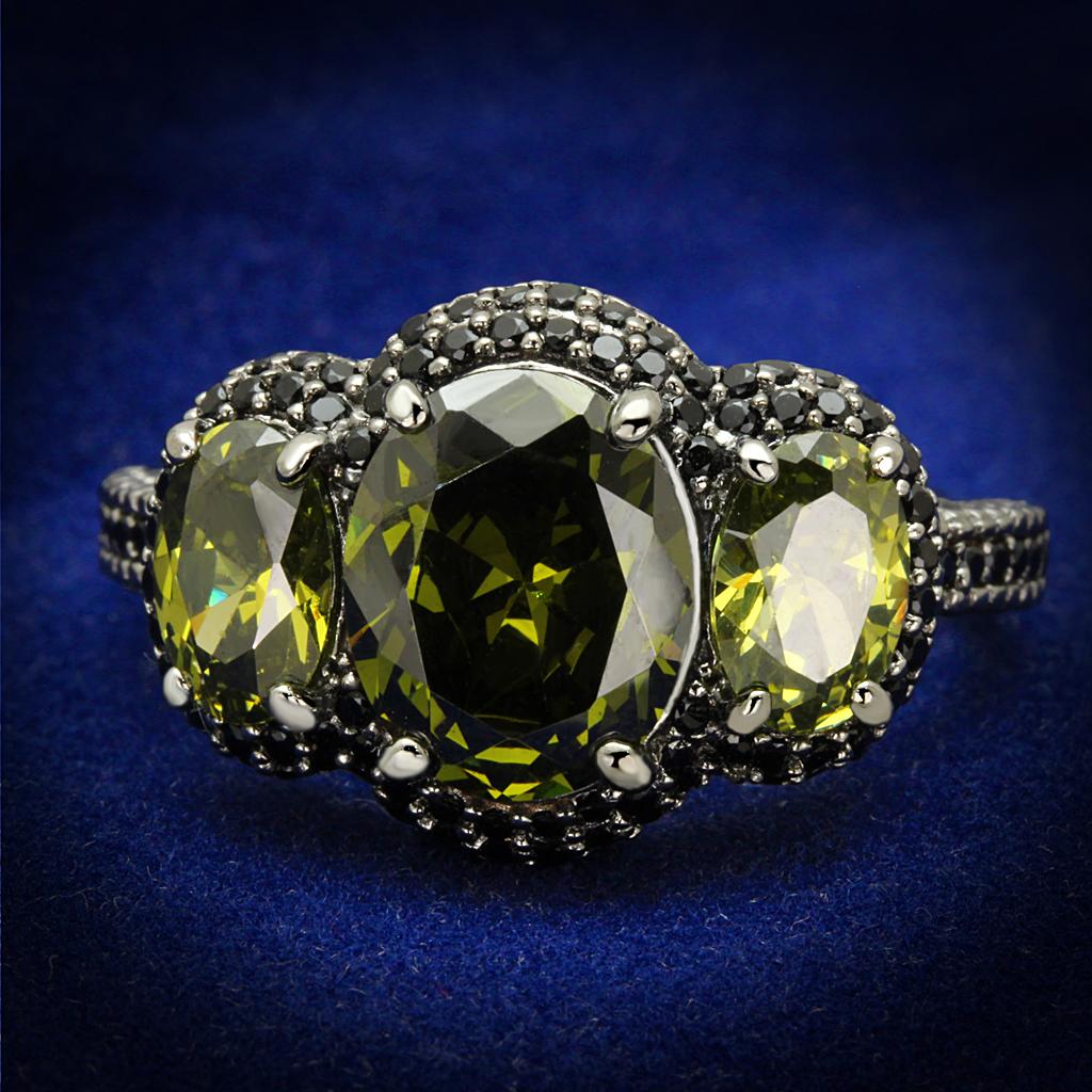 JCE547 Ruthenium 925 Sterling Silver Ring with AAA Grade CZ in Olivine color